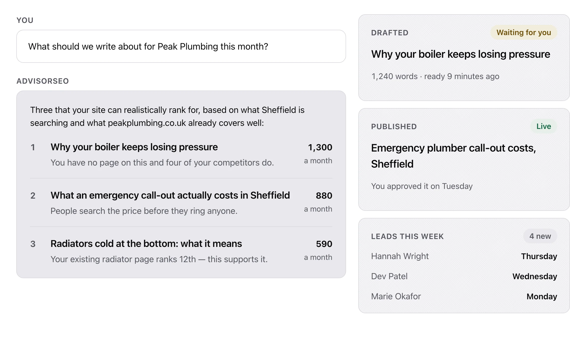 AdvisorSEO conversation showing keyword research, a drafted article, and leads from one account
