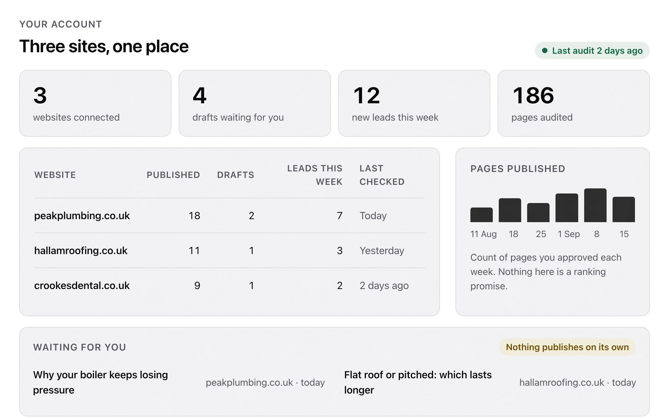 Account overview showing three websites, four drafts in progress, twelve new leads this week, and the last audit date