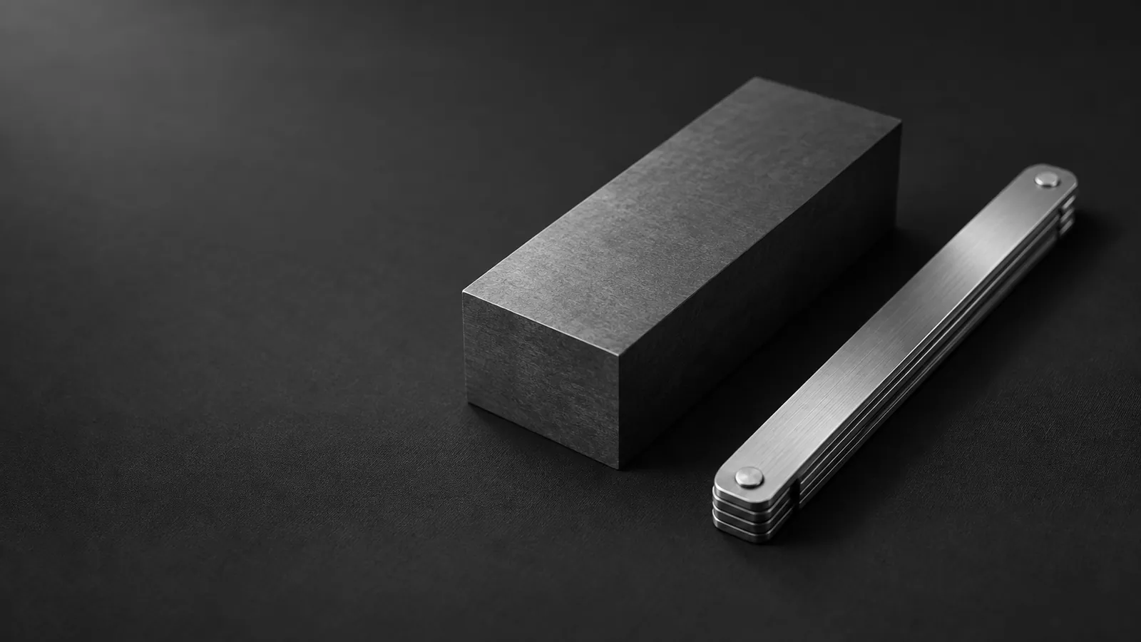A graphite reference block and a steel folding rule side by side, each suited to a different job.