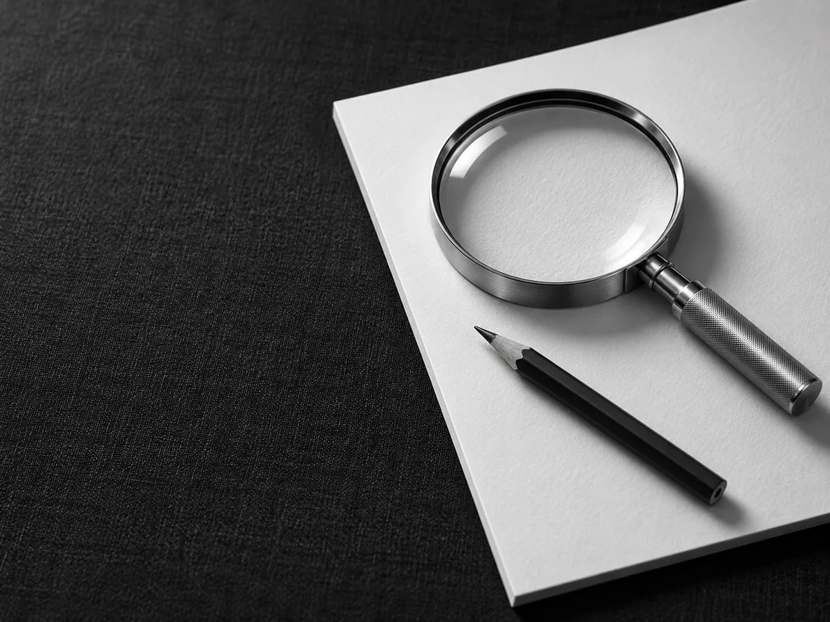 A steel magnifier on a blank page, inviting a closer look at the evidence.