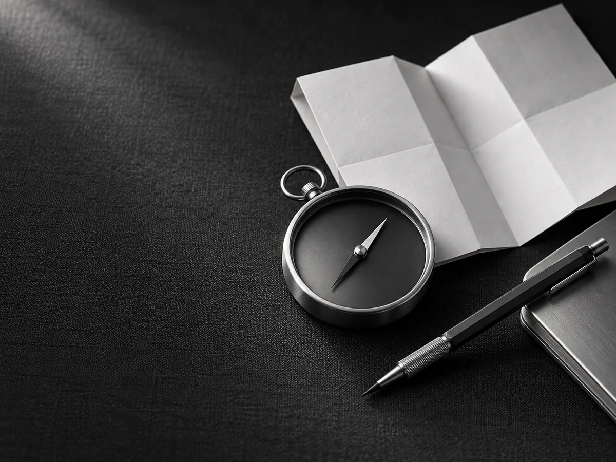 A graphite compass beside a folded blank map, keeping the business context close.