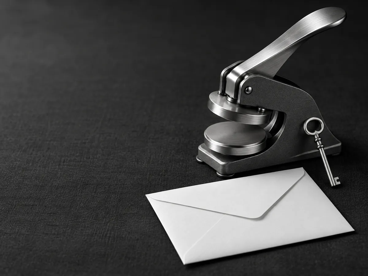 A steel seal press and a blank envelope, before publication is approved.