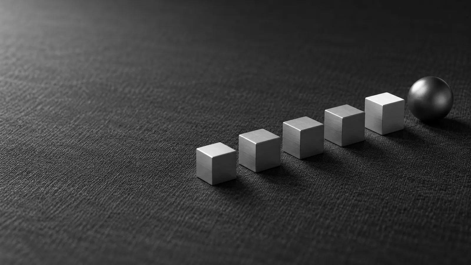 Six silver cubes in an ascending line and a graphite sphere, suggesting different scopes of work.